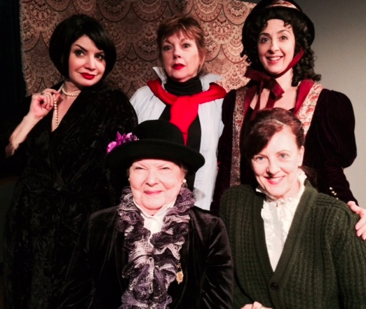 Photo by Paul Fox Performance at Bernstein Theater, Snapple Theater Center, December 12, 2013 Karen Eterovich as Fanny Kemble, Mari Lyn Henry as Clara Morris, Meghan Duffy as Minnie Maddern Fiske, Romy Nordlinger as Alla Nazimova, Paula Ewin as Katharine Hepburn